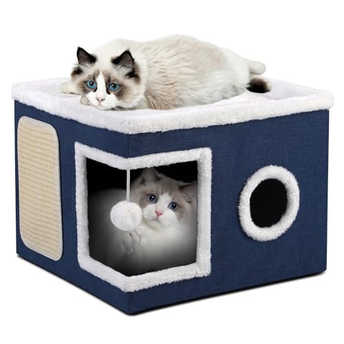 Faltbares Katzenhöhle, Katzenhaus für Indoor Katzen, 43L x 43B x 32H cm Große Katzenhöhle mit Kratzbrett und Spielball, 2 Schicht Katzenwürfel, Katzenbett Höhle für kleine und mittlere Haustiere, Blau von Shikha