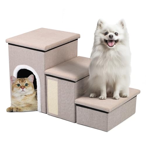 Hundetreppe für Bett und Couch, 4-in-1 Faltbare Hundetreppe für kleine ältere Hunde und Katzen, verstellbare Haustier-Katzentreppe mit Stauraum, Hunderampen mit Katzenhaus, Katzenkratzbrett, Beige von Shikha