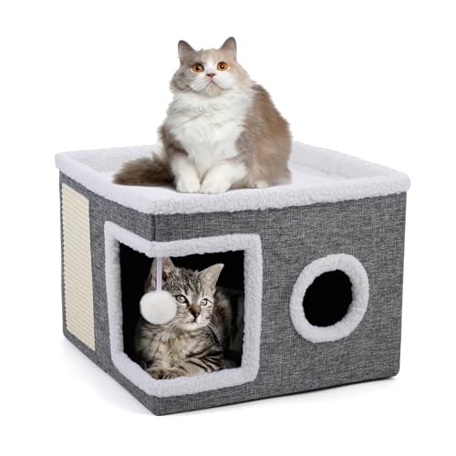 Faltbares Katzenhaus, Katzenhaus Indoor große Katzen, 43L x 43B x 32H cm Große Katzenhöhle mit Kratzbrett und Spielball, 2 Schicht Katzen würfel, Katzenhaus Höhle für kleine und mittlere Haustiere von Shikha