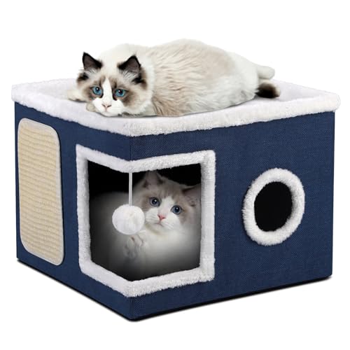 Katzenhausbett für Indoor-Katzen, große Katzenhöhle mit gemütlicher Höhle, flauschiger Hängeball, Kratzpad, Versteck, faltbares Katzenhaus für den Innenbereich, mit doppelseitigen weichen Kissen für von Shikha