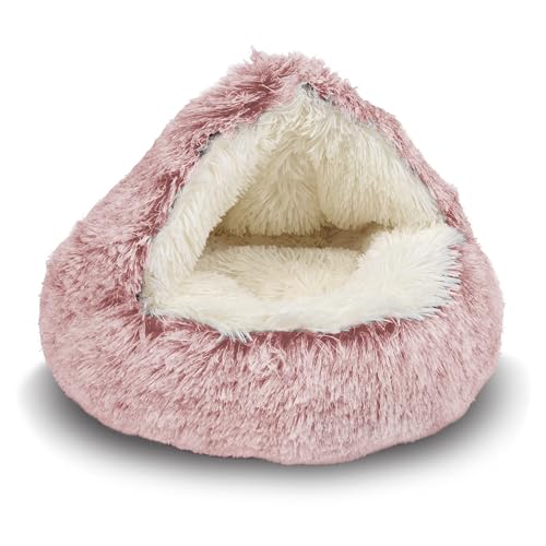 ShinHye Katzenbett, rund, flauschig, mit Kapuze, gemütlich, für Katzen oder kleine Hundebetten, beruhigendes Haustierbett, Donut, beruhigend, Anti-Angst, waschbar, Pinl.58 cm von ShinHye