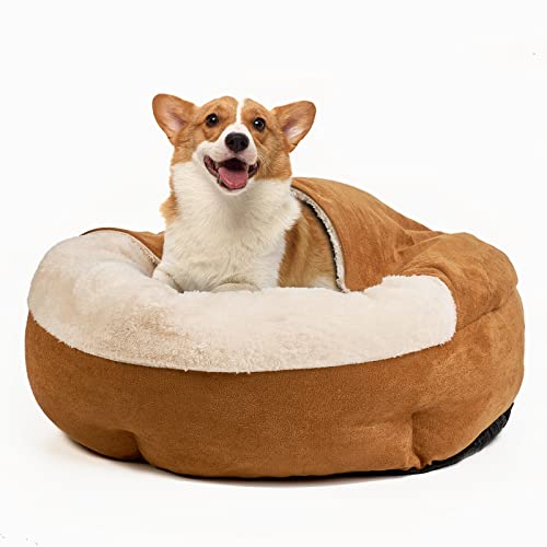 ShinHye Kleines Hundebett, verwendet für Katzenbett, rundes Hundelochbett, Welpenbett und Katzenbett für den Innenbereich, rutschfeste Unterseite und Maschinenwäsche 66 cm (Beige) von ShinHye