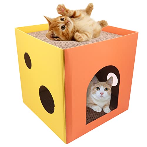 Katzenhaus aus Pappe, Katzenbox Bett, Faltbare Katzenhütte, Würfel-Katzenhöhle mit Katzenminze & 2 abnehmbaren Kratzer, für Katze und kleine Hunde (Orange) von Shineyoo