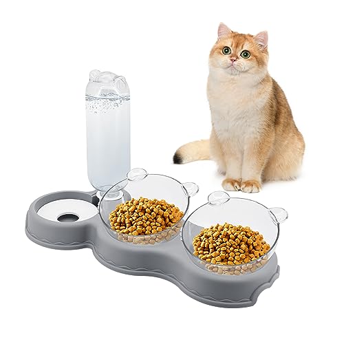 Shineyoo Katzennapf Set 3 in1 Fressnapf Katze 15° Neigbar Katzennäpfe Doppelnapf für Katzen Katzenschüssel mit Automatischem Wasserspender für Kleine und Mittelgroße Hunde und Katzen von Shineyoo