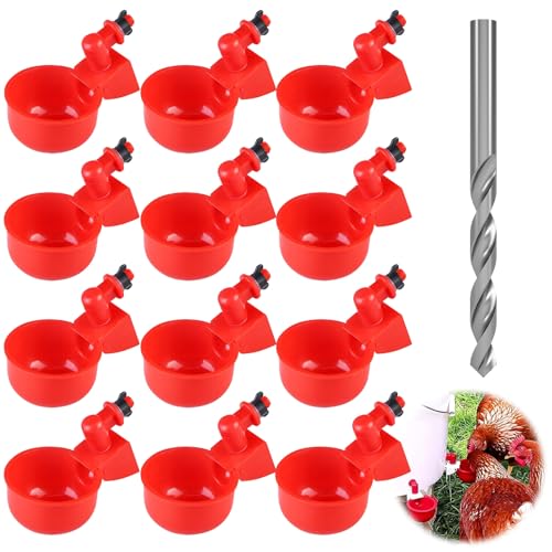 Shinmax Hühnertränke Automatisch mit Bohrer Geflügeltränke Set Wassertränke Hühner Tränke Hühner Geflügel Trinkmaschine Trinkbecher für Hühner (Rot, 12 Stück) von Shinmax