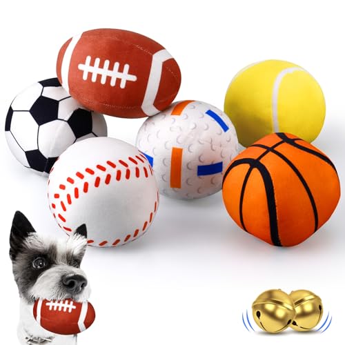 ShinyRelief Hundespielzeug für Welpen, Ball mit Glocke, Sportbälle, interaktives Plüsch, Fußball, Basketball, Baseball, Tennis, Volleyball, Fußball, Hundespielzeug für kleine und mittelgroße Hunde, 6 von ShinyRelief