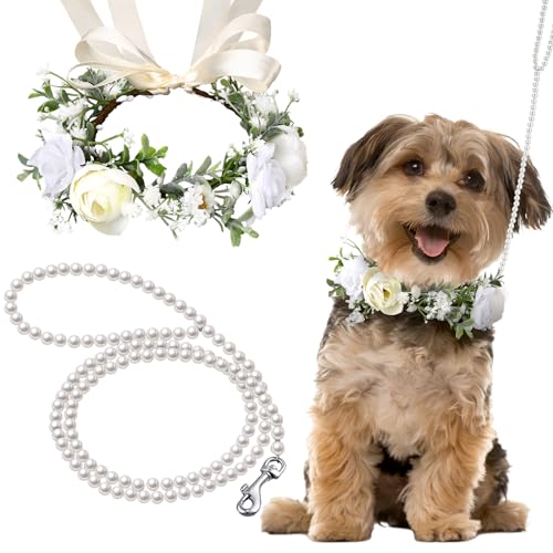 Shinylin Hundehalsband mit Blumenmotiv, Hochzeits- und Leine, Set mit Perlen für Hunde, 120 cm, 1,2 m, mit Perlen, Hundehalsband, Schleifen für Hochzeit, verstellbar, für mittelgroße Hunde, von Shinylin