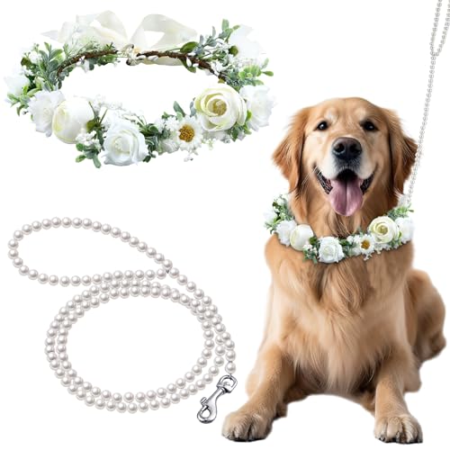 Shinylin Hundehalsband und Leine, Set mit Hundehalsband für Hunde, Hochzeit, Blumenhalsband, 120 cm, Perlen, Hundehalsband, Schleifen für Hochzeit, verstellbare Welpen, Blumenhalsbänder, Haustierleine von Shinylin