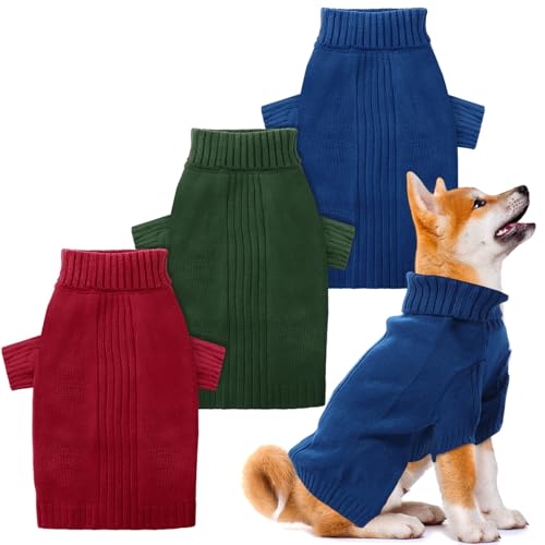 Shinylin Hundepullover, Rollkragen, Strickwaren, Hunde-Sweatshirt für den Winter, Rot, Grün, Blau, Größe L, 3 Stück von Shinylin