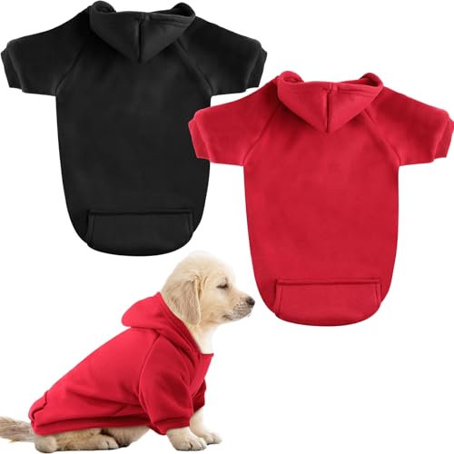 Shinylin Hundepullover, warm, weich, mit Kapuze und Taschen, für den Winter, für kleine, mittelgroße und große Hunde und Katzen, Rot und Schwarz, 2 Stück von Shinylin