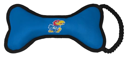 ShopInstaPets NCAA Hundespielzeug in Knochenform, mit Quietscher und Seil, langlebig und lustig für Hunde (Kansas Jayhawks) von ShopInstaPets