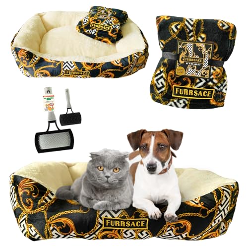 Luxuriöses Designer-inspiriertes Haustierbett und Decke mit ShopZee Fellpflegebürste – weiches, gemütliches Hunde- und Katzenbett mit Plüsch-Fleece-Decke, waschbar, ideal für kleine und mittelgroße von ShopZee Trading Ltd