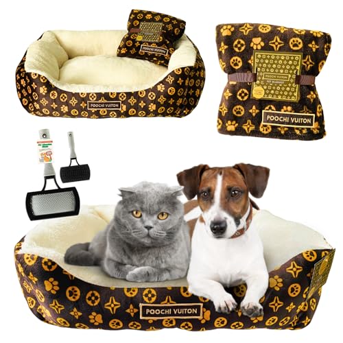 Luxuriöses Designer-inspiriertes Haustierbett und Decke mit ShopZee Fellpflegebürste – weiches, gemütliches Hunde- und Katzenbett mit Plüsch-Fleece-Decke, waschbar, ideal für kleine und mittelgroße von ShopZee Trading Ltd