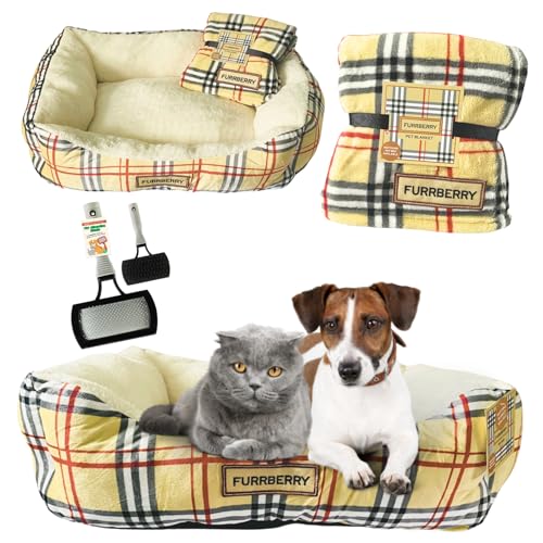 Luxuriöses Designer-inspiriertes Haustierbett und Decke mit ShopZee Fellpflegebürste – weiches, gemütliches Hunde- und Katzenbett mit Plüsch-Fleece-Decke, waschbar, ideal für kleine und mittelgroße von ShopZee Trading Ltd