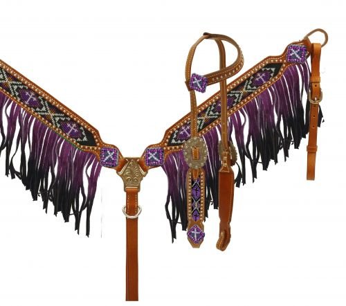 Showman Ombre Fransen Halfter und, Set Halsband mit Perlen Kreuz Inlay, Violett von Showman