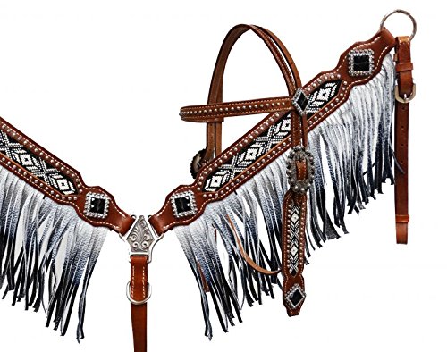 Showman schwarz & weiß Leder Perlen Halfter & Brust Halsband W/Ombre Fransen & Kristall Strass Conchos. NEU von Showman