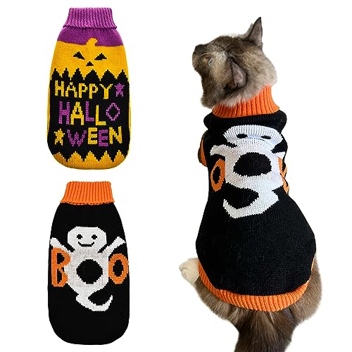 ShuRung 2Pcs Halloween Dog Sweaters Kitten Cat Knitwear Puppy Cat Halloween Pumpkin Ghost Sweater Pet Halloween Sweater Clothes Outfit Costume for Kittens Cats Puppies Small Medium Dogs XL von ShuRung