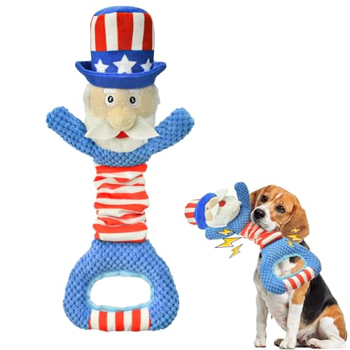 ShuRung 4. Juli Uncle Sam Plüsch-Hundespielzeug mit Quietschspielzeug USA Unabhängigkeitstag Themed Welpe Plüschtier mit Knisterpapier Hund Tauziehen Quietschspielzeug für kleine, mittelgroße und von ShuRung