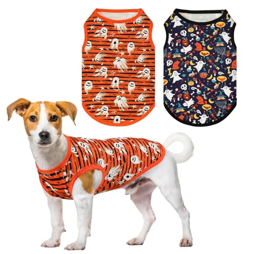 ShuRung Ärmelloses Tanktop für Halloween, Hund, Geist, gruseliges Fledermaus-Kürbis-Muster, Halloween-Thema, Weste für kleine mittelgroße Hunde und Katzen, Größe L, 2 Stück von ShuRung