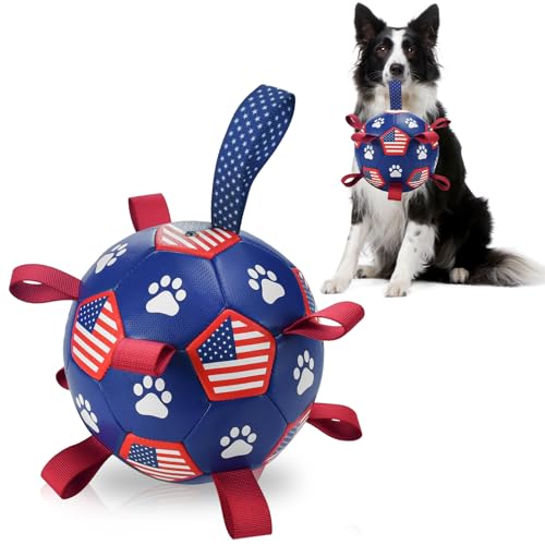 ShuRung Fußball-Hundespielzeug mit Riemen, interaktive Spielbälle für Tauziehen, USA, Unabhängigkeitstag, für kleine, mittelgroße und große Hunde (20,3 cm), Größe M von ShuRung