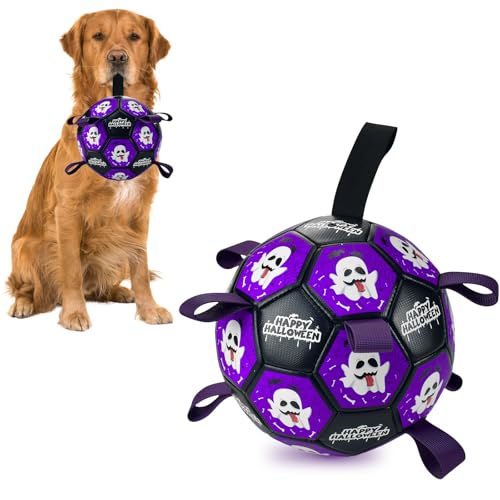 ShuRung Halloween Thema Fußball Hundespielzeug mit Riemen Hund interaktive Spielbälle für Tauziehen Halloween Ghost Pattern Hund Fußball für kleine mittlere große Größe Hund M von ShuRung