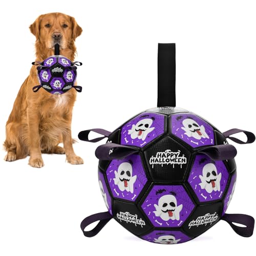 ShuRung Halloween Thema Fußball Hundespielzeug mit Riemen Hund interaktive Spielbälle für Tauziehen Halloween Ghost Pattern Hund Fußball für kleine mittlere große Größe Hund M von ShuRung