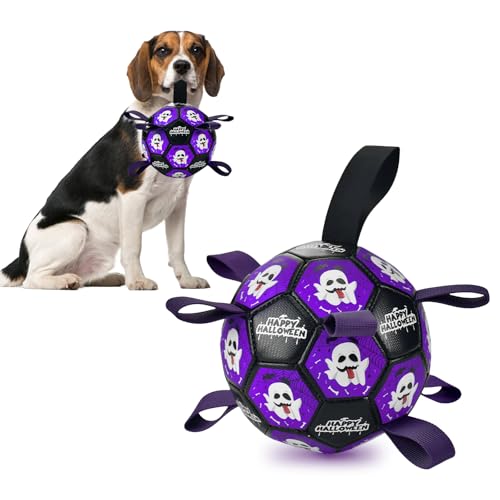 ShuRung Halloween Thema Fußball Hundespielzeug mit Riemen Hund interaktive Spielbälle für Tauziehen Halloween Ghost Pattern Hund Fußball für kleine mittlere große Größe Hund S von ShuRung