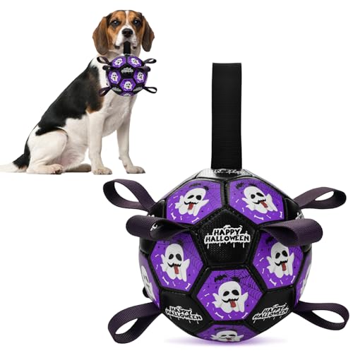 ShuRung Halloween Thema Fußball Hundespielzeug mit Riemen Hund interaktive Spielbälle für Tauziehen Halloween Ghost Pattern Hund Fußball für kleine mittlere große Größe Hund S von ShuRung