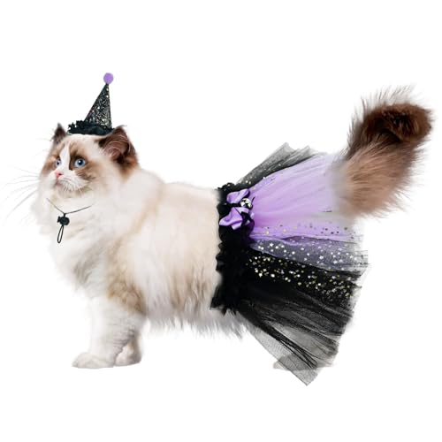 ShuRung Haustier Halloween Hexenkostüm für Katze Kätzchen Hexenhut & Schwarz Tutu Rock Katze Bandana Lila Zauberer Cosplay Outfits Kleines Haustier Halloween Kostüm für Welpen Katzen L von ShuRung