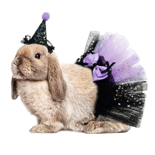 ShuRung Kleines Tier Halloween Hexenkostüm für Meerschweinchen Häschen Hexenhut & Schwarzer Tutu Rock Bunny Lila Zauberer Cosplay Outfits Kleintiere Halloween Kostüm für Meerschweinchen Bunny von ShuRung