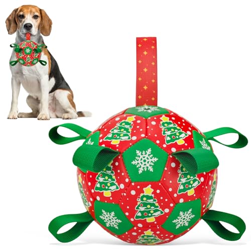 ShuRung Weihnachts-Fußball-Hundespielzeug mit Riemen, interaktive Spielbälle zum Tauziehen, Weihnachtsbaum und Schneeblumen-Muster, Hunde-Fußball für kleine, mittelgroße und große Hunde (15,2 cm) von ShuRung