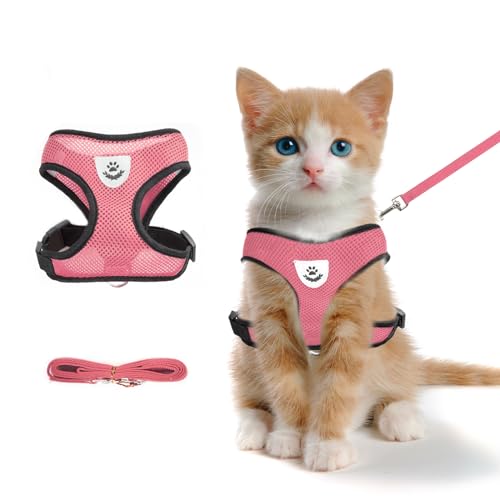 Brustgeschirr für Katzen und Leine, Verstellbar, Anti-Flucht-verstellbar, weiches Netzgewebe, Katzenleine und Brustgeschirr Set für kleine Katzen und Welpen, mittelgroße Katzenwesten (Rosa) (Rosa, S) von Shudyear