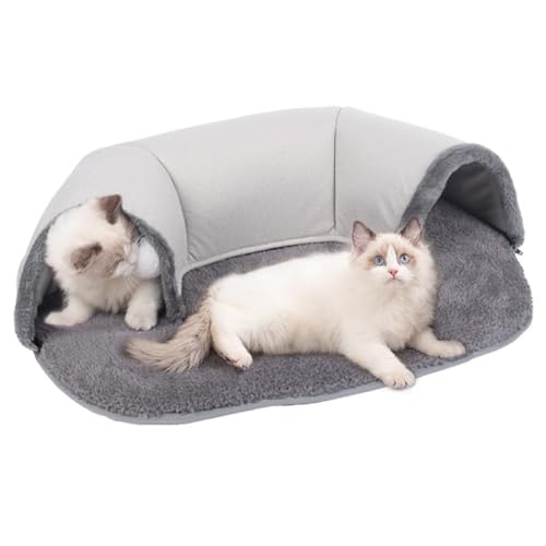 Shujin Katzentunnel Katzenbett Katzen Spieltunnel mit hängendem Ballspielzeug,2-in-1 Katzen Bett Cat Tunnel,Katzentunnelbett Katzenhöhle für Katzen Kaninchen Welpen(Grau,M-76 * 53 * 17cm) von Shujin