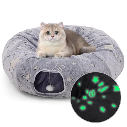 Katzentunnelbett Faltbare Katzentunnel, Katzen-Donut-Rohr mit Flauschigen Spielzeugbällen, Pom Pom Ball & Katze Mäuse Katzenspielzeug, Selbstleuchtender Peekaboo Katzenhöhle für Kätzchen, Kaninchen von Siairo