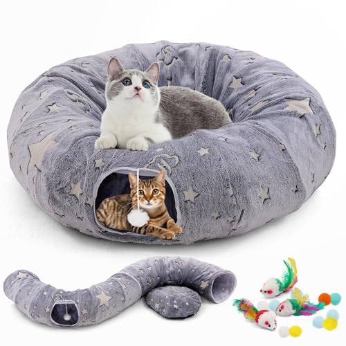 Katzentunnelbett für Hauskatzen, flauschiger Katzenbett-Tunnel für große Katzen, multifunktionaler Katzentunnel, Donut-Höhle mit Katzenspielzeug, 90 cm für kleine, mittelgroße und große Katzen von Siairo