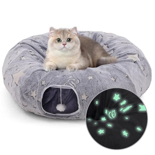 Plüsch Katzentunnel Rund Mit Katzenbett Katzen Tunnel XXL Ultra weiche Runde Donut Form für Indoor Kleine mittlere große Katzen von Siairo