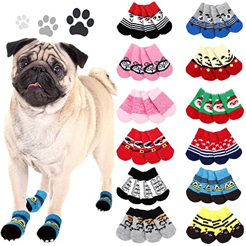 48 Stück Hundesocken für kleine, mittelgroße Hunde, rutschfest, rutschfest, für Haustiere, Welpen, Hunde, Griffsocken, Pfotenschutz, Traktionskontrolle, Socken für Hartholzbodenschutz, 12 Stile von Sieral