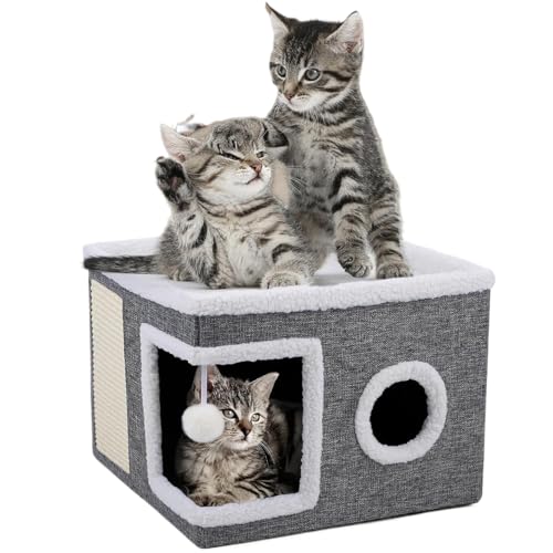 Große Katzenbetten, Katzenbetten für Indoor-Katzen mit flauschigem Ball zum Aufhängen und Kratzpolster, Katzenhaus, Katzenwürfel, Katzenhöhle, Katzenhöhlen und Häuser für mehrere kleine Haustiere, von Sightday