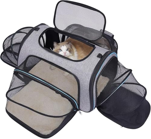 Erweiterbare Transporttasche Katze, Welpen, Öffnung an 4 Seiten, erweiterbar, Flugzeug-genehmigt, reisefreundlich, faltbar, weiches Fleece-Bett für Haustiere, Transportbox, 45x28x28cm von Siivton