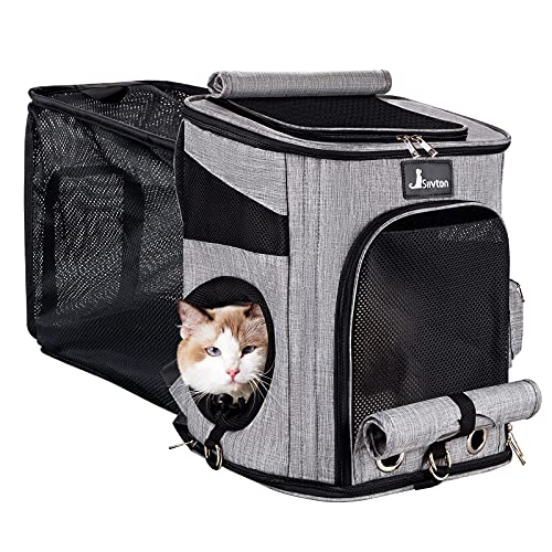 Rucksack für Katzen Hunde, Siivton Erweiterbar Rucksäcke für kleine mittlere Tiere mit Front Top-Öffnung, interaktives Loch, zusätzliche Bodenstütze, 16.5”H*13”L*10.8”W(bis zu 15 Pfund) Grau von Siivton