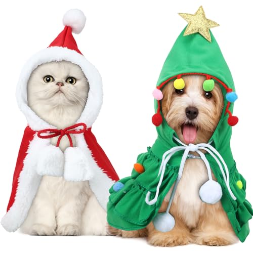 SilTriangle 2 Stück Haustier Weihnachtskostüm Hund Katze Umhang mit Hut Weihnachtsmann Umhang und Weihnachtsbaum Umhang mit Stern und Pompons, für kleine Hunde Katzen Haustier Welpen Weihnachtsmann von SilTriangle