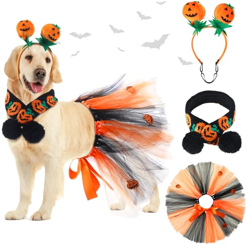 SilTriangle 3-teiliges Halloween-Kostüm-Set für Hunde, inklusive Kürbis-Stirnband, Halloween-Hunde-Tutu-Kleid, niedliches Haustier-Tutu, orangefarbenes Halloween-Haustier-Schal, für mittelgroße Hunde, von SilTriangle