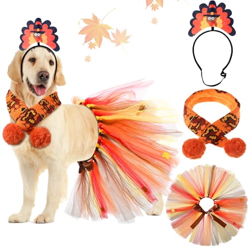 SilTriangle 3-teiliges Hunde-Kostüm-Set mit Truthahn-Hunde-Stirnband, Tutu-Kleid, niedliches PET-Tutu, orangefarbener Truthahn-Schal für mittelgroße Hunde, Urlaub, Party, Zubehör, Outfit-Zubehör von SilTriangle