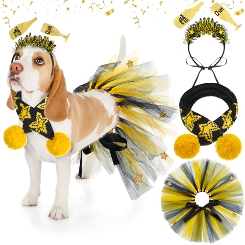 SilTriangle 3-teiliges Neujahrskostüm-Set mit Weinglas-Stirnband, Neujahrs-Hunde-Tutu-Kleid, niedliches Haustier-Tutu, goldfarbener und schwarzer Stern, Haustier-Schal für mittelgroße Hunde, von SilTriangle