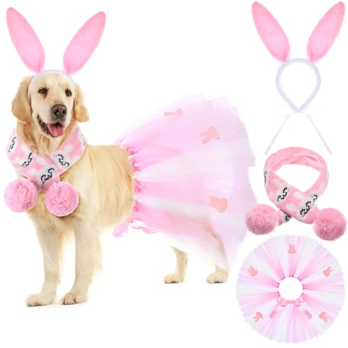 SilTriangle 3-teiliges Oster-Hunde-Kostüm-Set mit Oster-Hasenohren, Stirnband, Osterhund-Tutu-Kleid, niedliches Haustier-Tutu, rosa Oster-Haustier-Schal für mittelgroße Hunde, Urlaubs-Outfit-Zubehör von SilTriangle