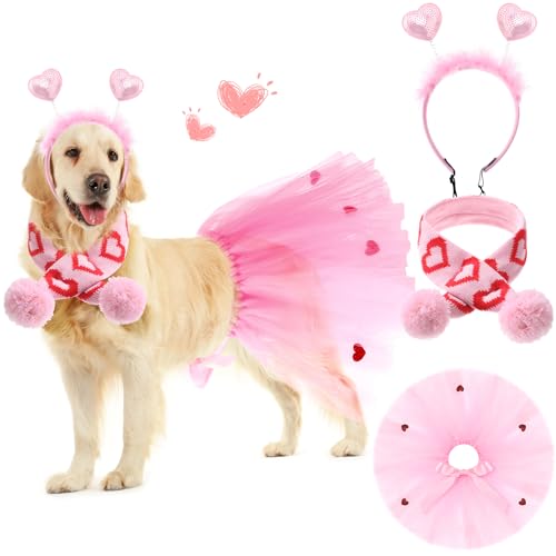 SilTriangle 3-teiliges Valentinstags-Hundekostüm-Set inklusive rosa Valentinstags-Haarreif, Valentinstags-Hunde-Tutu-Kleid, niedliches Haustier-Tutu, rosa Valentinstags-Haustier-Schal für mittelgroße von SilTriangle