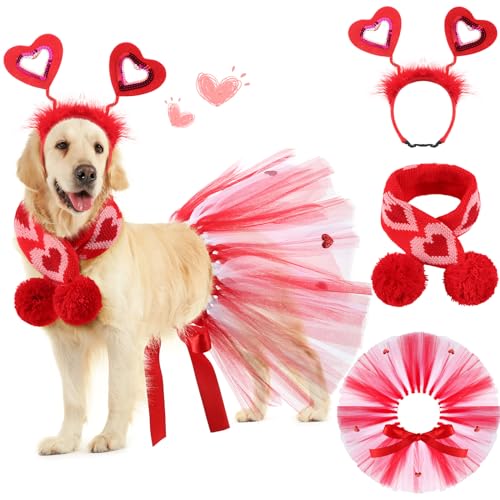 SilTriangle 3-teiliges Valentinstags-Hundekostüm-Set inklusive rotem Valentinstags-Haarreif, Valentinstags-Hunde-Tutu-Kleid, niedliches Haustier-Tutu, rotes Valentinstags-Haustier-Schal für von SilTriangle