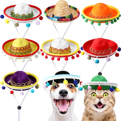 SilTriangle Sombrero-Hut für Haustiere, mexikanische Sombrero-Mütze, Cinco de Mayo, Fiesta, Katze, Hund, Sombrero-Hut mit Bommel-Quaste, verstellbarer Haustier-Strohhut für kleine, mittelgroße von SilTriangle