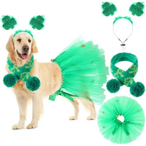 SilTriangle St. Patrick's Day Hundekostüm-Set mit Pailletten, Kleeblatt-Stirnband, St. Patrick's Day, Tutu-Kleid, niedliches Haustier-Tutu, grün, irischer Haustier-Schal für mittelgroße Hunde, von SilTriangle