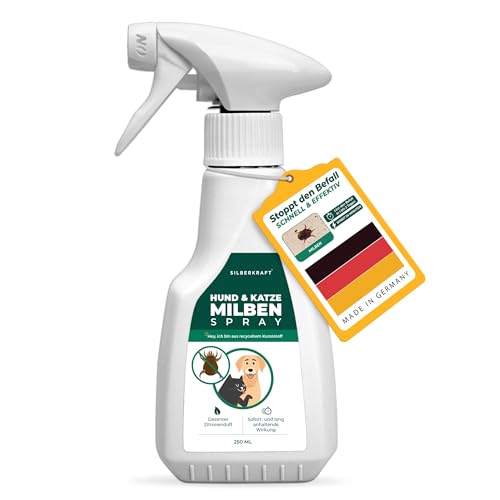 Silberkraft Milbenspray Hund & Katze 250 ml, Effektiver Schutz vor Milben, Flöhen & Parasiten , Anti-Milben-Mittel für Fell, Schlafplätze & Umgebung , Vertreibt Grabmilben, Herbstgrasmilben und mehr von Silberkraft